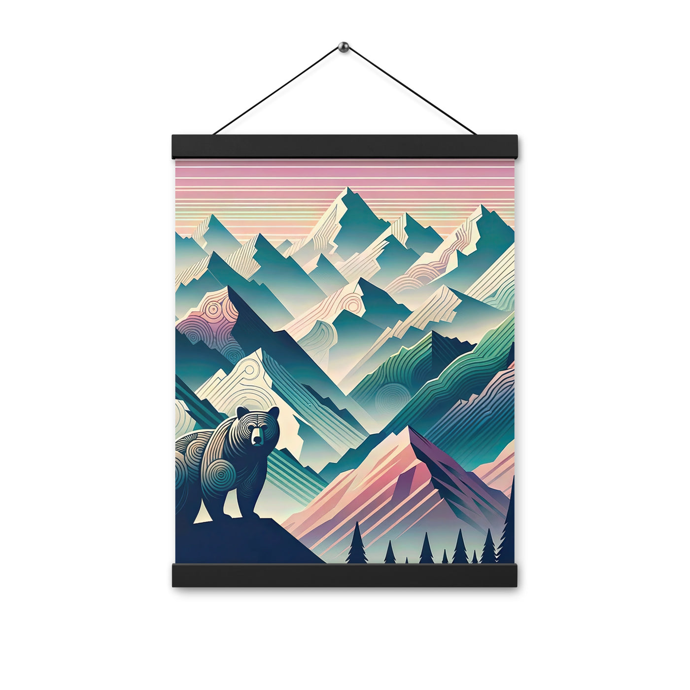 Bär im Panoramablick der Alpen, moderne Kunst-Gebirgsschichten - Premium Poster mit Aufhängung camping xxx yyy zzz 30.5 x 40.6 cm