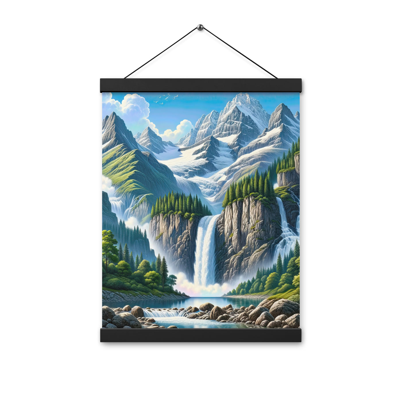 Illustration einer unberührten Alpenkulisse im Hochsommer. Wasserfall und See - Premium Poster mit Aufhängung berge xxx yyy zzz 30.5 x 40.6 cm