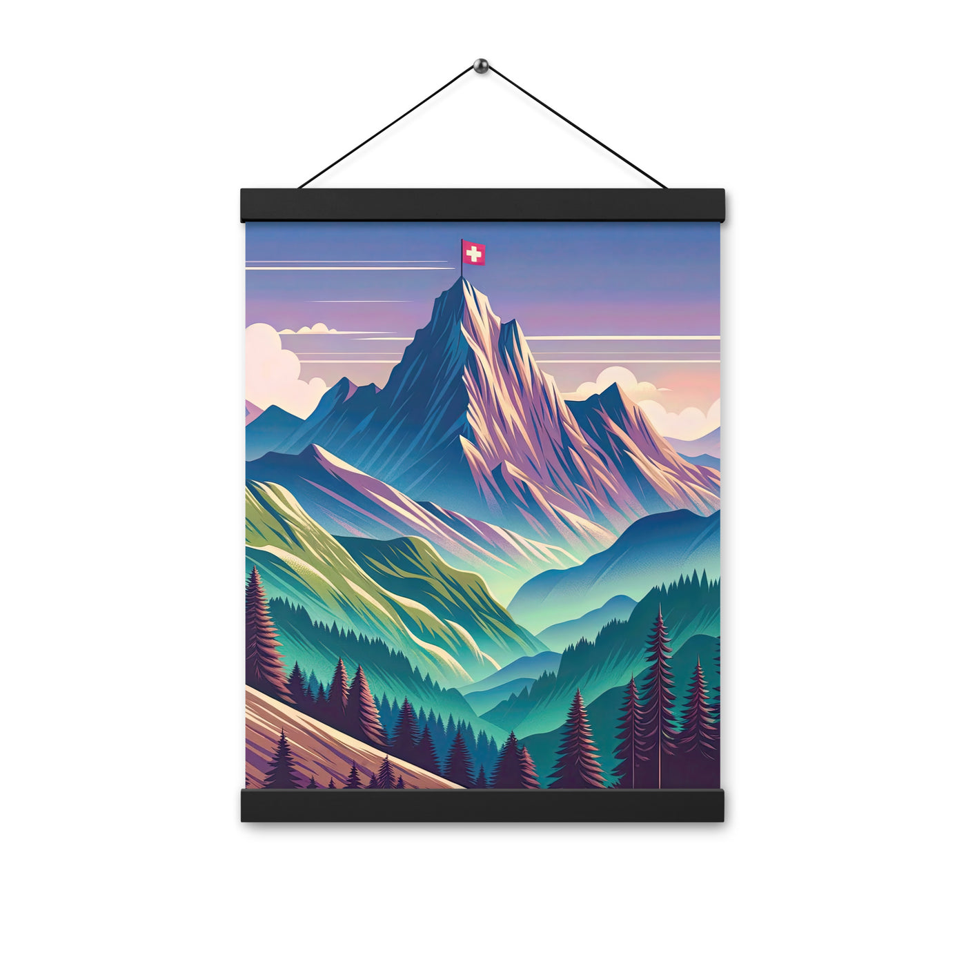 Harmonische Berglandschaft mit Schweizer Flagge auf Gipfel - Premium Poster mit Aufhängung berge xxx yyy zzz 30.5 x 40.6 cm