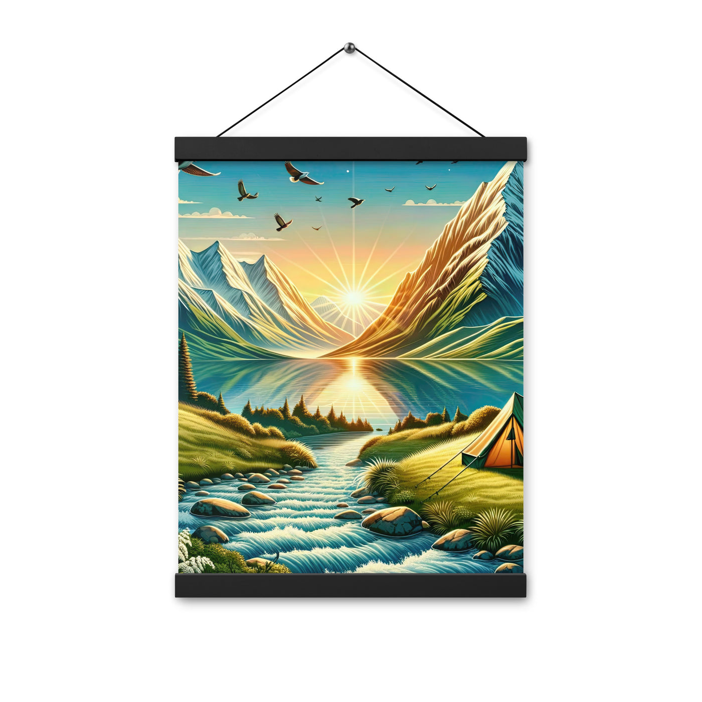Zelt im Alpenmorgen mit goldenem Licht, Schneebergen und unberührten Seen - Premium Poster mit Aufhängung berge xxx yyy zzz 30.5 x 40.6 cm