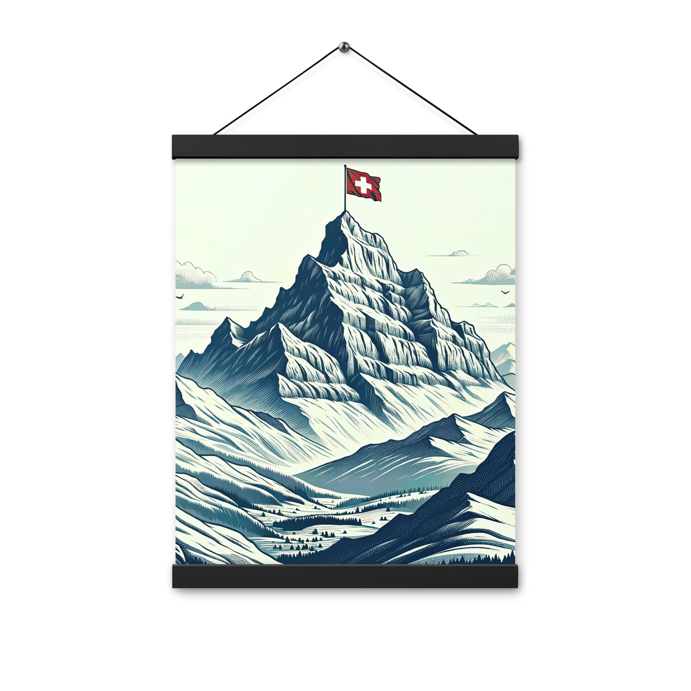 Ausgedehnte Bergkette mit dominierendem Gipfel und wehender Schweizer Flagge - Premium Poster mit Aufhängung berge xxx yyy zzz 30.5 x 40.6 cm