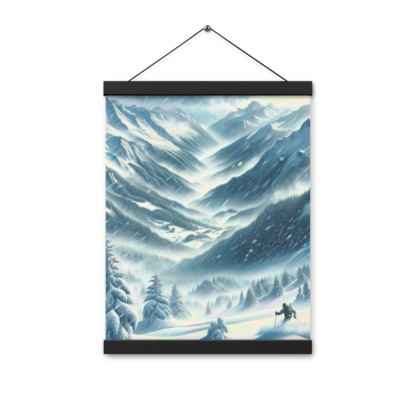 Alpine Wildnis im Wintersturm mit Skifahrer, verschneite Landschaft - Premium Poster mit Aufhängung klettern ski xxx yyy zzz 30.5 x 40.6 cm