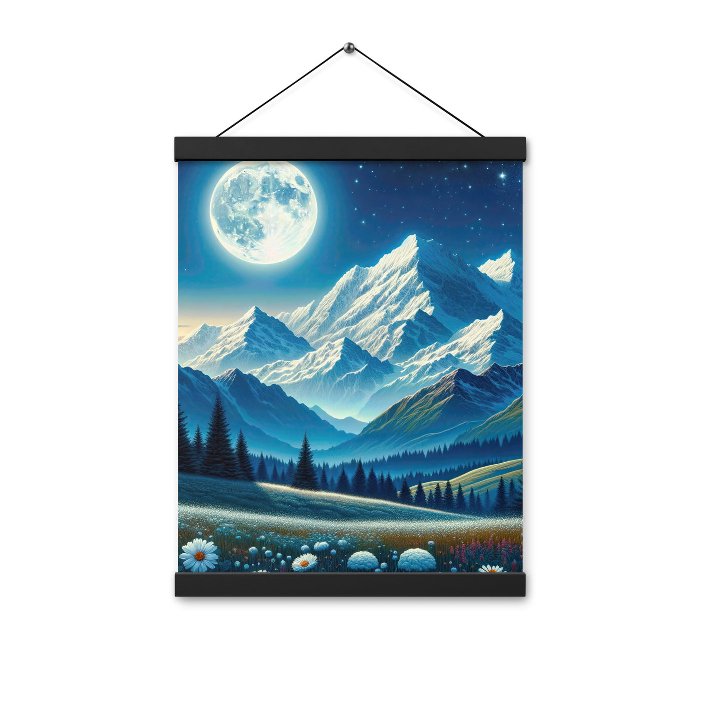 Klare frühlingshafte Alpennacht mit Blumen und Vollmond über Schneegipfeln - Premium Poster mit Aufhängung berge xxx yyy zzz 30.5 x 40.6 cm