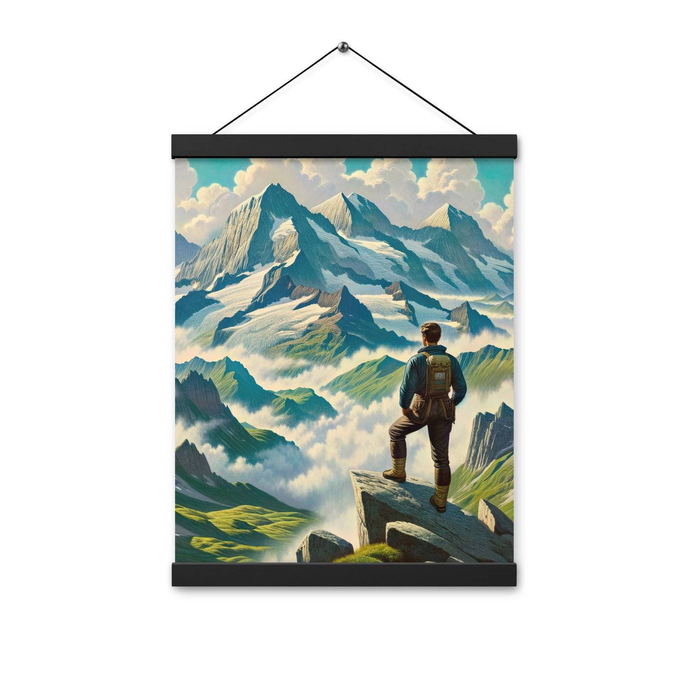 Panoramablick der Alpen mit Wanderer auf einem Hügel und schroffen Gipfeln - Premium Poster mit Aufhängung wandern xxx yyy zzz 30.5 x 40.6 cm