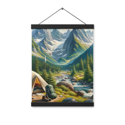 Ölgemälde der Alpensommerlandschaft mit Zelt, Gipfeln, Wäldern und Bächen - Premium Poster mit Aufhängung camping xxx yyy zzz 30.5 x 40.6 cm