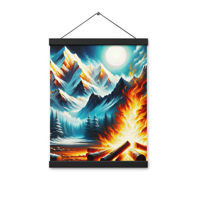 Ölgemälde von Feuer und Eis: Lagerfeuer und Alpen im Kontrast, warme Flammen - Premium Poster mit Aufhängung camping xxx yyy zzz 30.5 x 40.6 cm