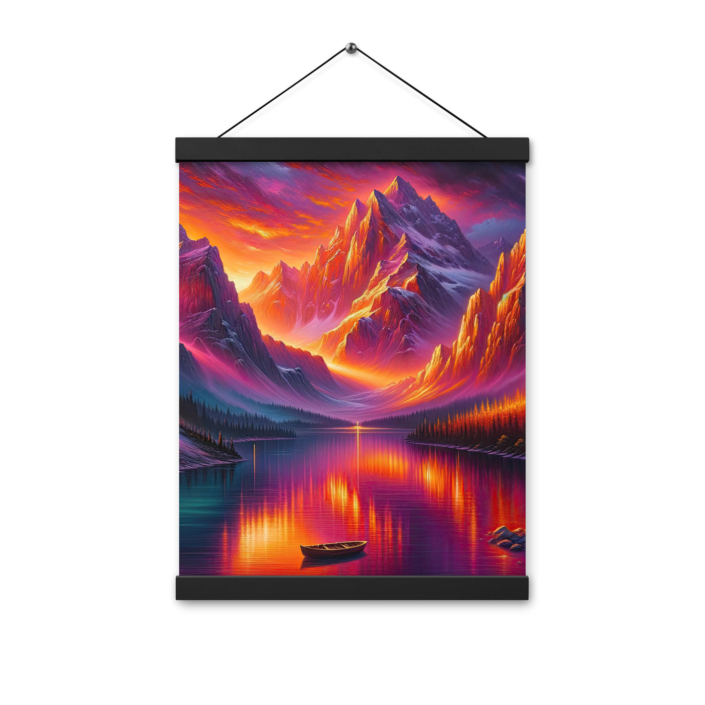 Ölgemälde eines Bootes auf einem Bergsee bei Sonnenuntergang, lebendige Orange-Lila Töne - Premium Poster mit Aufhängung berge xxx yyy zzz 30.5 x 40.6 cm