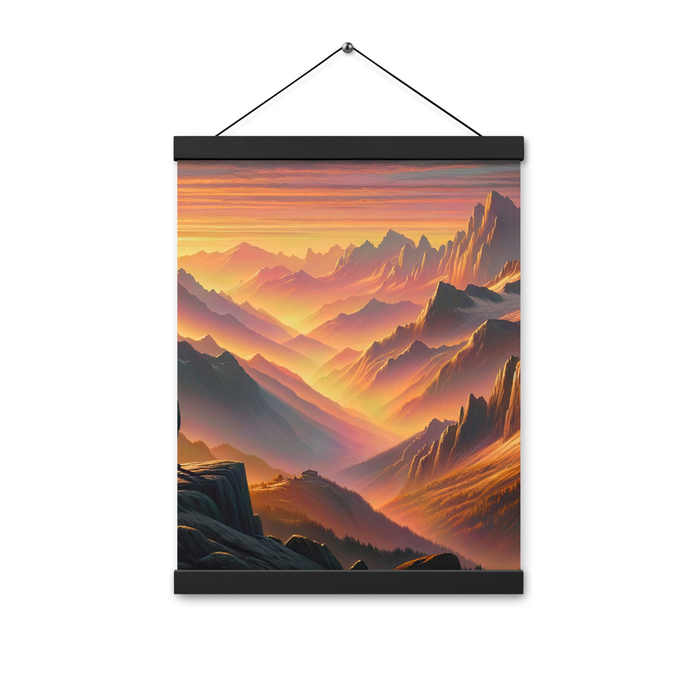 Ölgemälde der Alpen in der goldenen Stunde mit Wanderer, Orange-Rosa Bergpanorama - Premium Poster mit Aufhängung wandern xxx yyy zzz 30.5 x 40.6 cm