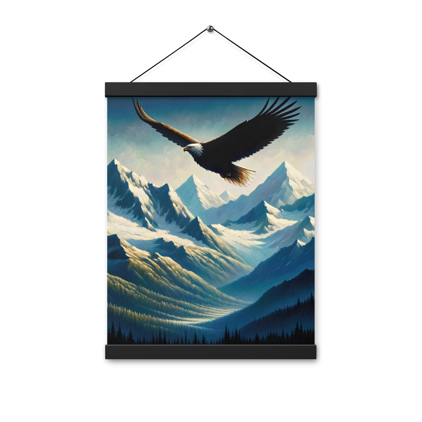 Ölgemälde eines Adlers vor schneebedeckten Bergsilhouetten - Premium Poster mit Aufhängung berge xxx yyy zzz 30.5 x 40.6 cm