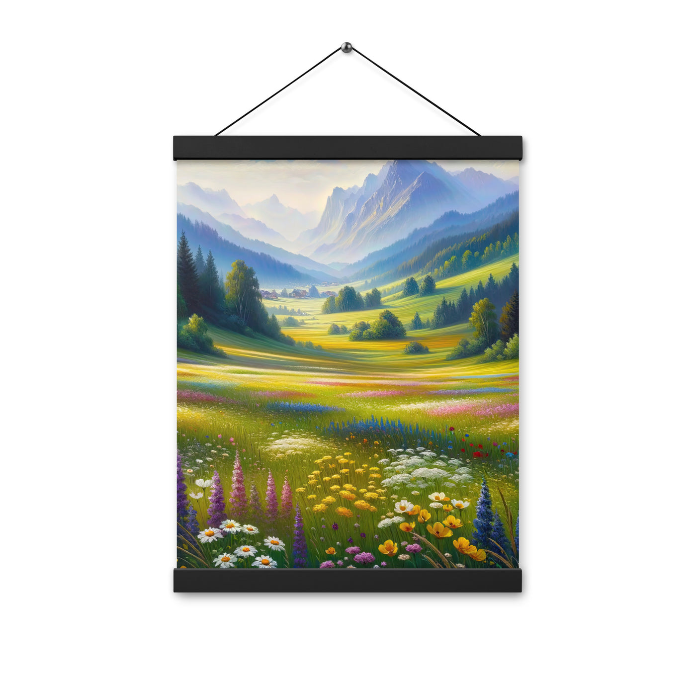 Ölgemälde einer Almwiese, Meer aus Wildblumen in Gelb- und Lilatönen - Premium Poster mit Aufhängung berge xxx yyy zzz 30.5 x 40.6 cm