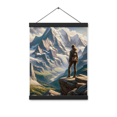 Ölgemälde der Alpengipfel mit Schweizer Abenteurerin auf Felsvorsprung - Premium Poster mit Aufhängung wandern xxx yyy zzz 30.5 x 40.6 cm