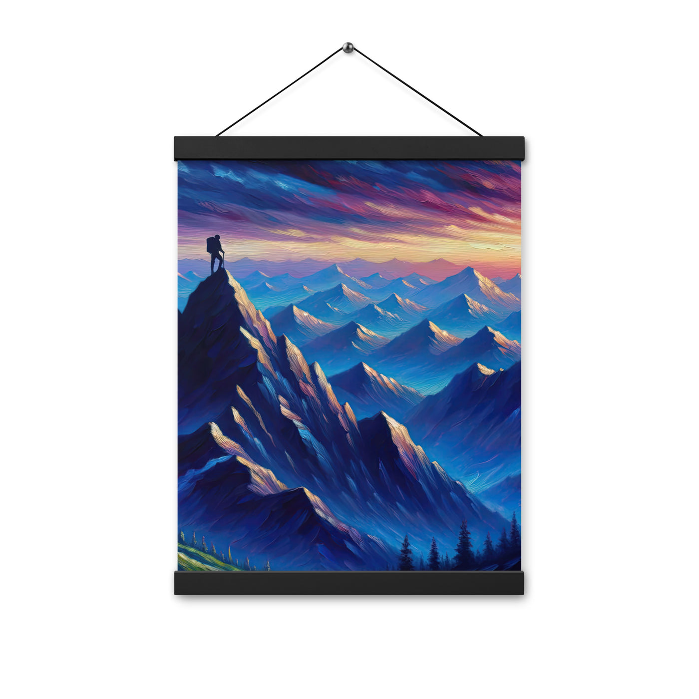 Ölgemälde eines ruhigen Alpenabends mit Bergsteigersilhouette auf dem Gipfel - Premium Poster mit Aufhängung wandern xxx yyy zzz 30.5 x 40.6 cm