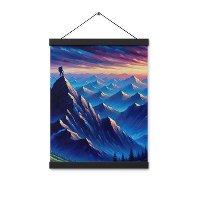 Ölgemälde eines ruhigen Alpenabends mit Bergsteigersilhouette auf dem Gipfel - Premium Poster mit Aufhängung wandern xxx yyy zzz 30.5 x 40.6 cm
