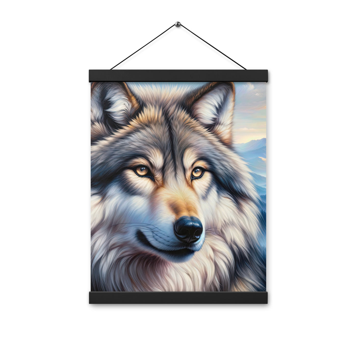 Ölgemäldeporträt eines majestätischen Wolfes mit intensiven Augen in der Berglandschaft (AN) - Premium Poster mit Aufhängung xxx yyy zzz 30.5 x 40.6 cm