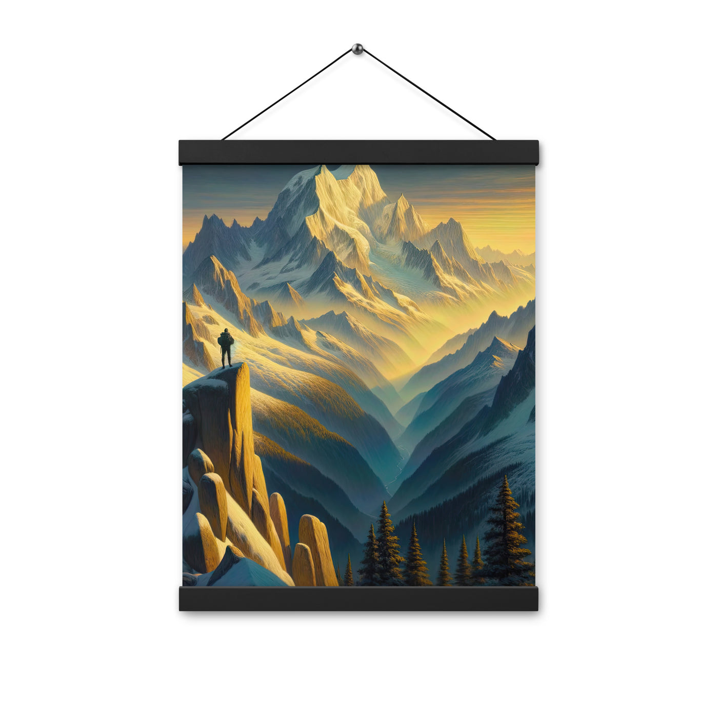Ölgemälde eines Wanderers bei Morgendämmerung auf Alpengipfeln mit goldenem Sonnenlicht - Premium Poster mit Aufhängung wandern xxx yyy zzz 30.5 x 40.6 cm