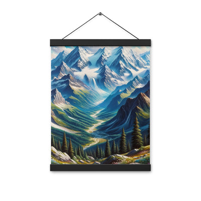 Panorama-Ölgemälde der Alpen mit schneebedeckten Gipfeln und schlängelnden Flusstälern - Premium Poster mit Aufhängung berge xxx yyy zzz 30.5 x 40.6 cm