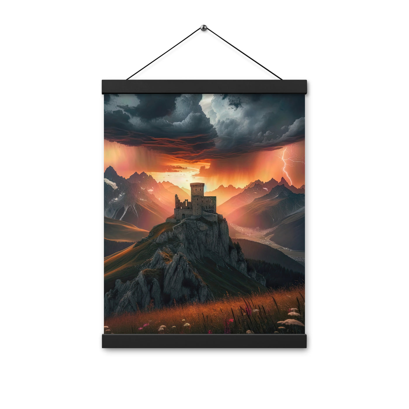 Foto einer Alpenburg bei stürmischem Sonnenuntergang, dramatische Wolken und Sonnenstrahlen - Enhanced Matte Paper Poster With Hanger berge xxx yyy zzz 30.5 x 40.6 cm