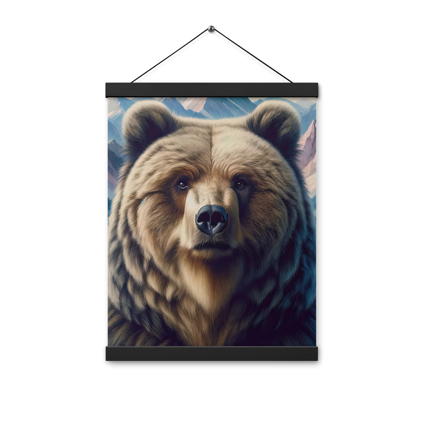 Foto eines Bären vor abstrakt gemalten Alpenbergen, Oberkörper im Fokus - Premium Poster mit Aufhängung camping xxx yyy zzz 30.5 x 40.6 cm