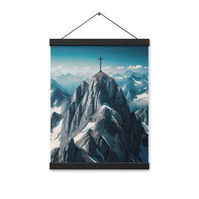 Foto der Alpen mit Gipfelkreuz an einem klaren Tag, schneebedeckte Spitzen vor blauem Himmel - Enhanced Matte Paper Poster With Hanger berge xxx yyy zzz 30.5 x 40.6 cm