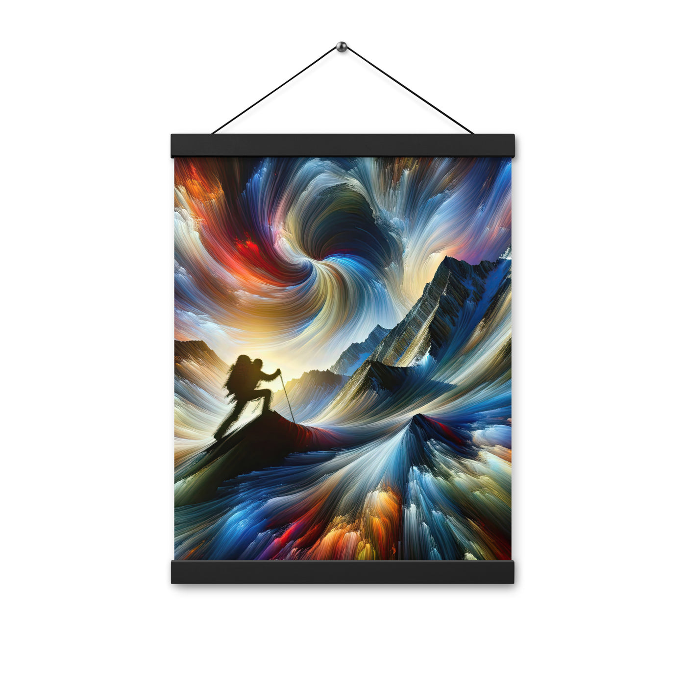 Foto der Alpen in abstrakten Farben mit Bergsteigersilhouette - Premium Poster mit Aufhängung wandern xxx yyy zzz 30.5 x 40.6 cm