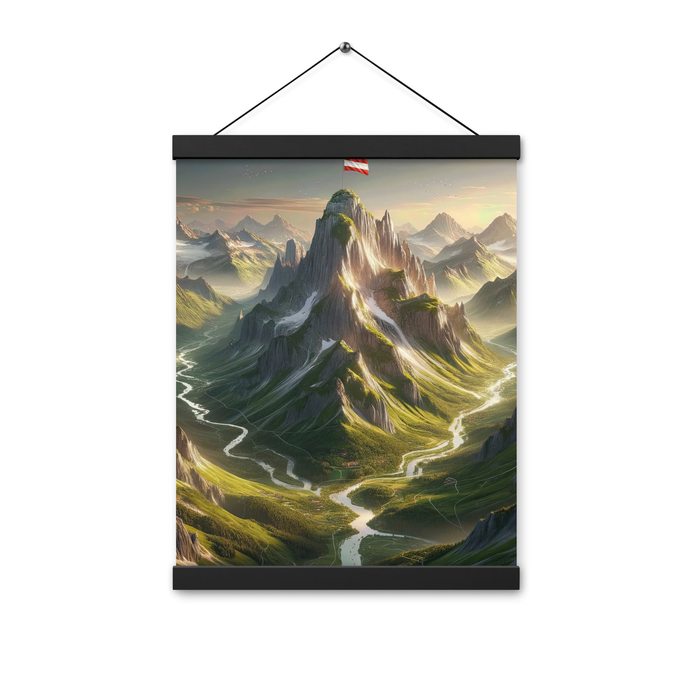 Fotorealistisches Bild der Alpen mit österreichischer Flagge, scharfen Gipfeln und grünen Tälern - Enhanced Matte Paper Poster With berge xxx yyy zzz 30.5 x 40.6 cm