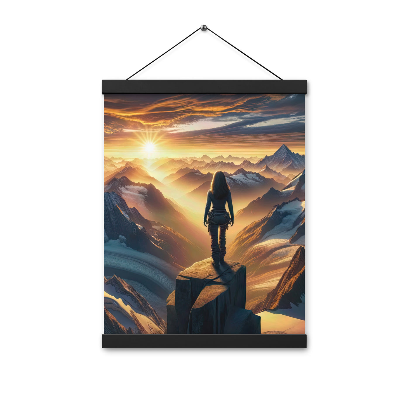 Fotorealistische Darstellung der Alpen bei Sonnenaufgang, Wanderin unter einem gold-purpurnen Himmel - Enhanced Matte Paper Poster With wandern xxx yyy zzz 30.5 x 40.6 cm