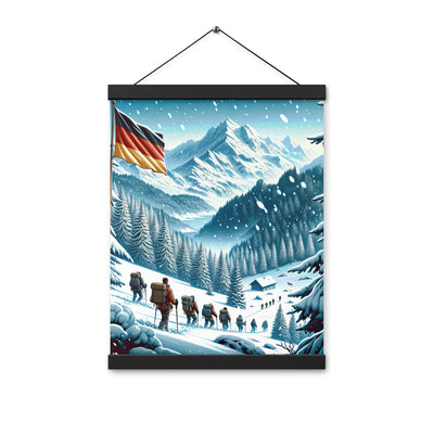Quadratische Winterillustration der Alpen mit deutscher Flagge und Wanderteam - Premium Poster mit Aufhängung wandern xxx yyy zzz 30.5 x 40.6 cm