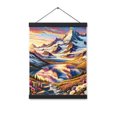 Quadratische Illustration der Alpen mit schneebedeckten Gipfeln und Wildblumen - Premium Poster mit Aufhängung berge xxx yyy zzz 30.5 x 40.6 cm