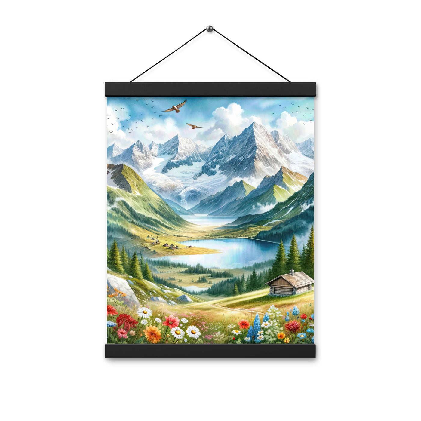 Quadratisches Aquarell der Alpen, Berge mit schneebedeckten Spitzen - Premium Poster mit Aufhängung berge xxx yyy zzz 30.5 x 40.6 cm