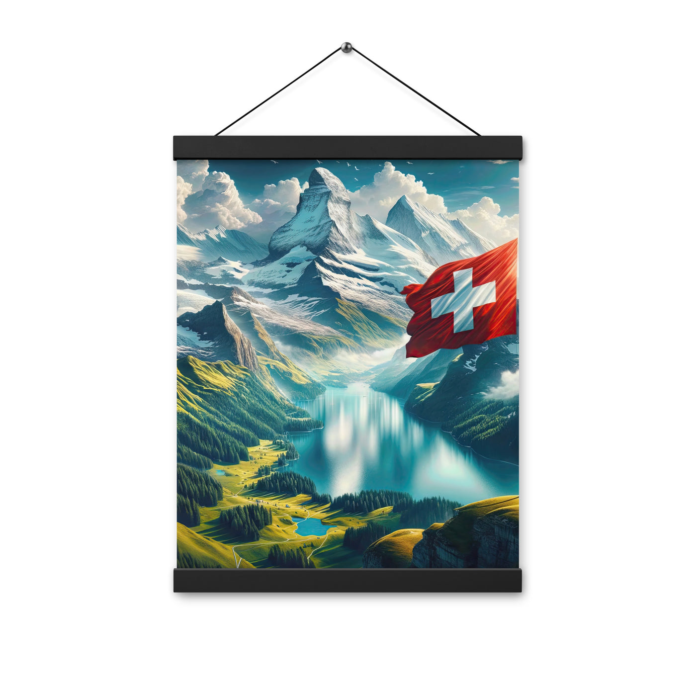 Ultraepische, fotorealistische Darstellung der Schweizer Alpenlandschaft mit Schweizer Flagge - Enhanced Matte Paper Poster With Hanger berge xxx yyy zzz 30.5 x 40.6 cm