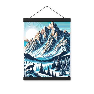 Vektorgrafik eines Wolfes im winterlichen Alpenmorgen, Berge mit Schnee- und Felsmustern - Premium Poster mit Aufhängung berge xxx yyy zzz 30.5 x 40.6 cm