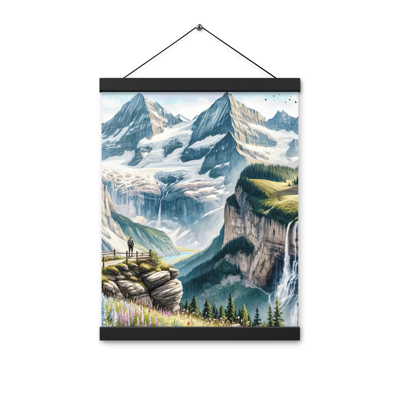 Aquarell-Panoramablick der Alpen mit schneebedeckten Gipfeln, Wasserfällen und Wanderern - Premium Poster mit Aufhängung wandern xxx yyy zzz 30.5 x 40.6 cm