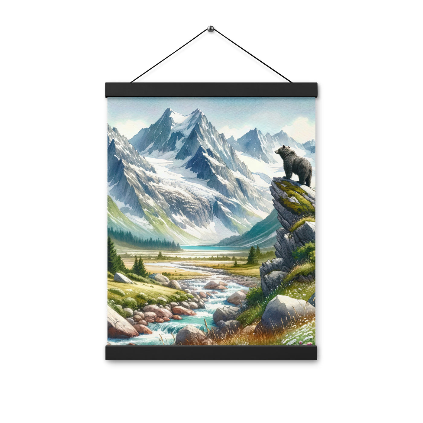 Aquarellmalerei eines Bären und der sommerlichen Alpenschönheit mit schneebedeckten Ketten - Enhanced Matte Paper Poster With Hanger camping xxx yyy zzz 30.5 x 40.6 cm