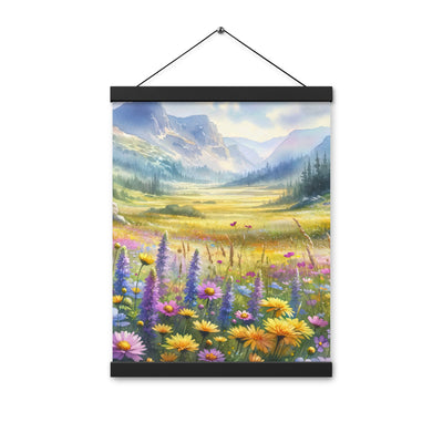 Aquarell einer Almwiese in Ruhe, Wildblumenteppich in Gelb, Lila, Rosa - Premium Poster mit Aufhängung berge xxx yyy zzz 30.5 x 40.6 cm