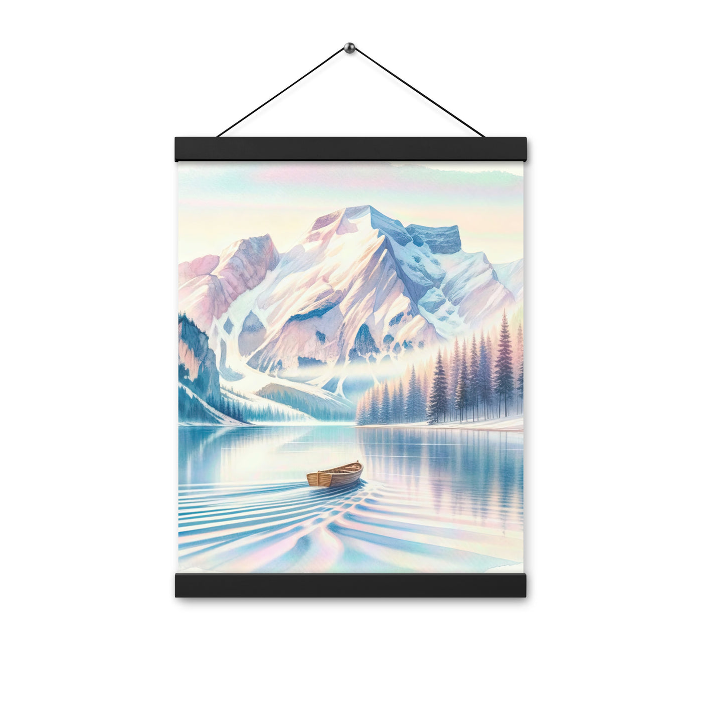 Aquarell eines klaren Alpenmorgens, Boot auf Bergsee in Pastelltönen - Premium Poster mit Aufhängung berge xxx yyy zzz 30.5 x 40.6 cm