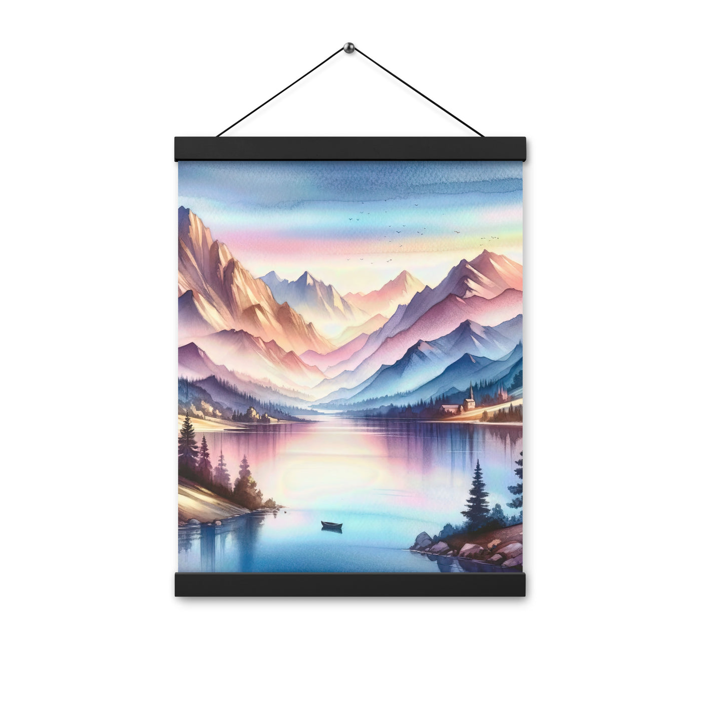 Aquarell einer Dämmerung in den Alpen, Boot auf einem See in Pastell-Licht - Premium Poster mit Aufhängung berge xxx yyy zzz 30.5 x 40.6 cm