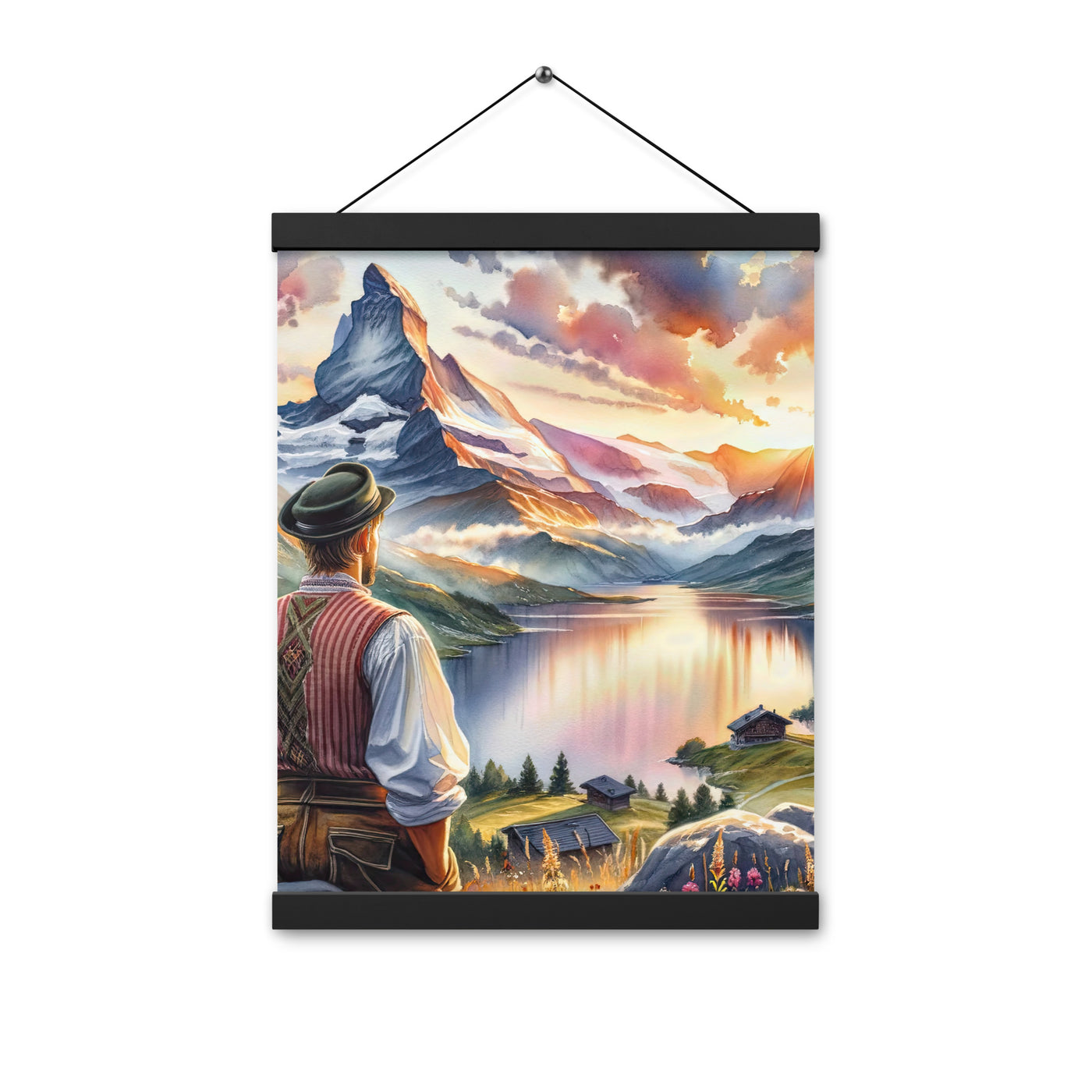 Aquarell einer Berglandschaft in der goldenen Stunde mit österreichischem Wanderer - Premium Poster mit Aufhängung wandern xxx yyy zzz 30.5 x 40.6 cm