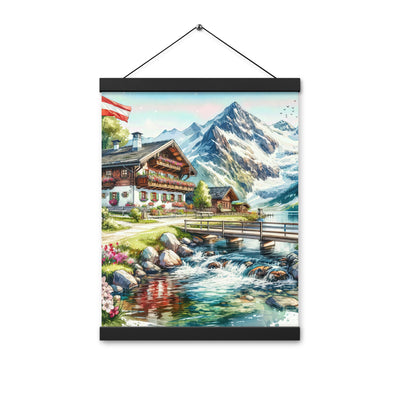 Aquarell der frühlingshaften Alpenkette mit österreichischer Flagge und schmelzendem Schnee - Enhanced Matte Paper Poster With Hanger berge xxx yyy zzz 30.5 x 40.6 cm