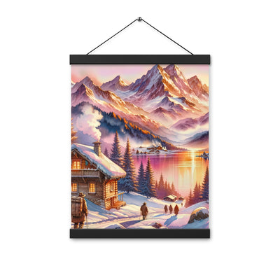 Aquarell eines Alpenpanoramas mit Wanderern bei Sonnenuntergang in Rosa und Gold - Premium Poster mit Aufhängung wandern xxx yyy zzz 30.5 x 40.6 cm