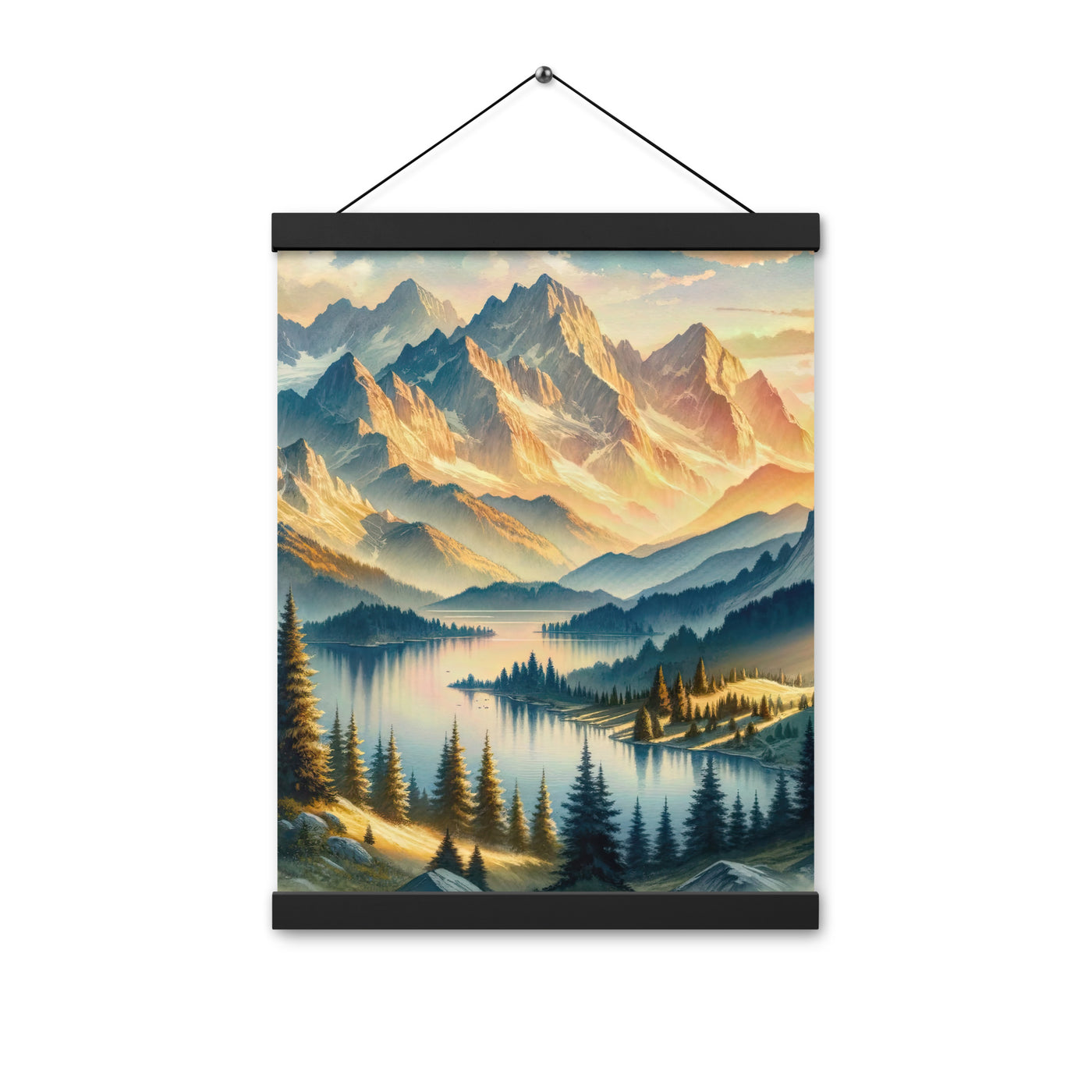 Aquarell der Alpenpracht bei Sonnenuntergang, Berge im goldenen Licht - Premium Poster mit Aufhängung berge xxx yyy zzz 30.5 x 40.6 cm