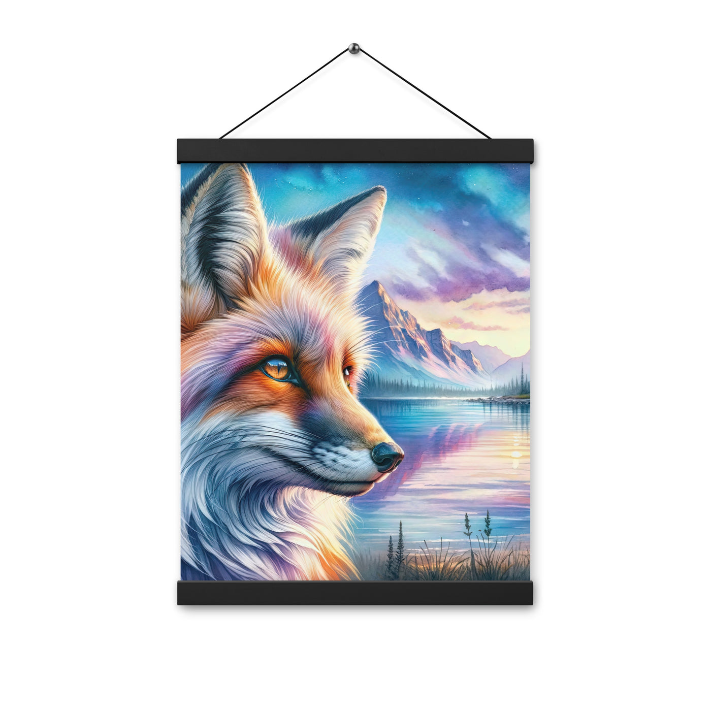Aquarellporträt eines Fuchses im Dämmerlicht am Bergsee - Premium Poster mit Aufhängung camping xxx yyy zzz 30.5 x 40.6 cm