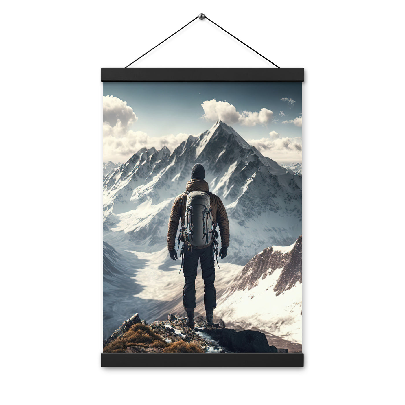 Wanderer auf Berg von hinten - Malerei - Premium Poster mit Aufhängung berge xxx Black 30.5 x 45.7 cm