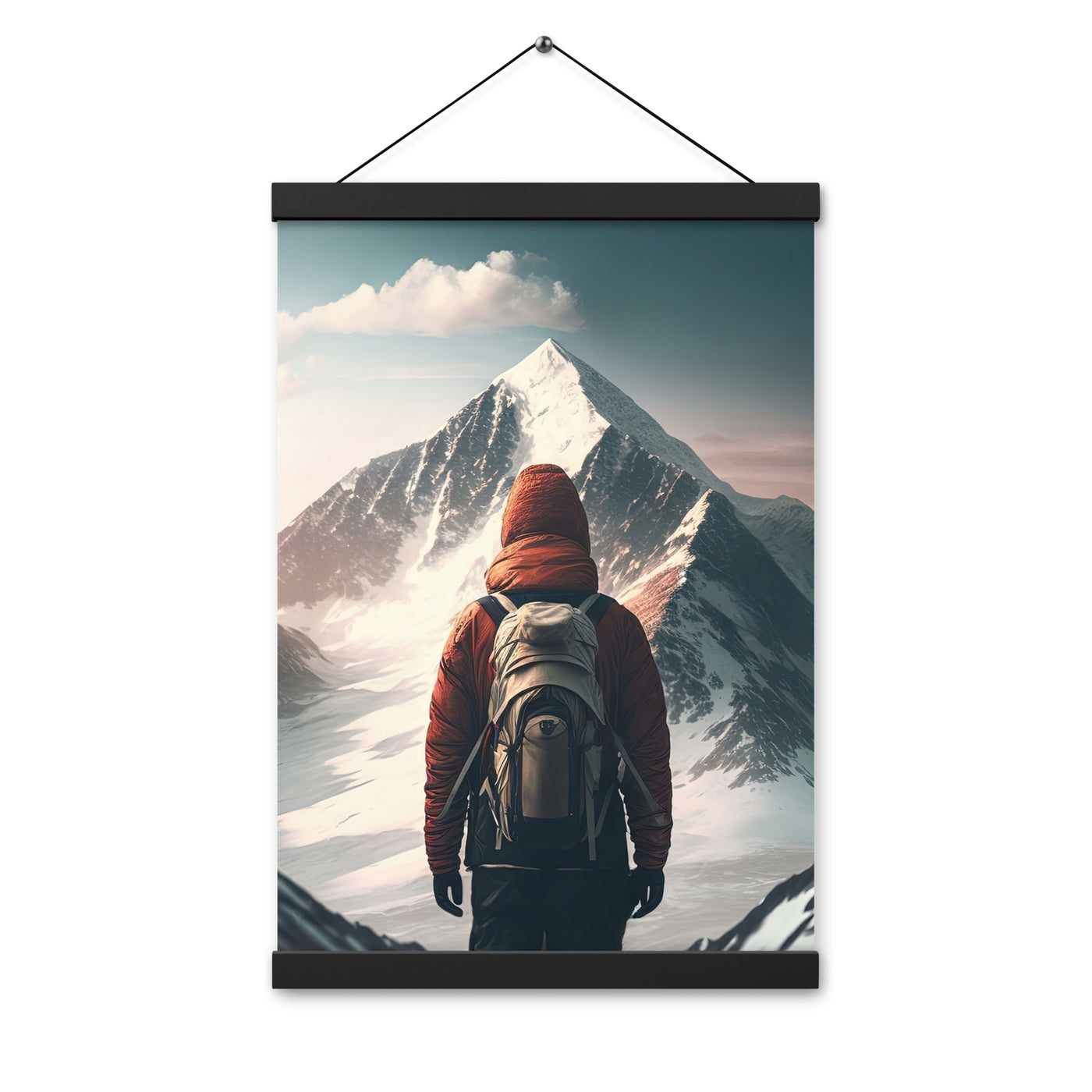 Wanderer von hinten vor einem Berg - Malerei - Premium Poster mit Aufhängung berge xxx Black 30.5 x 45.7 cm
