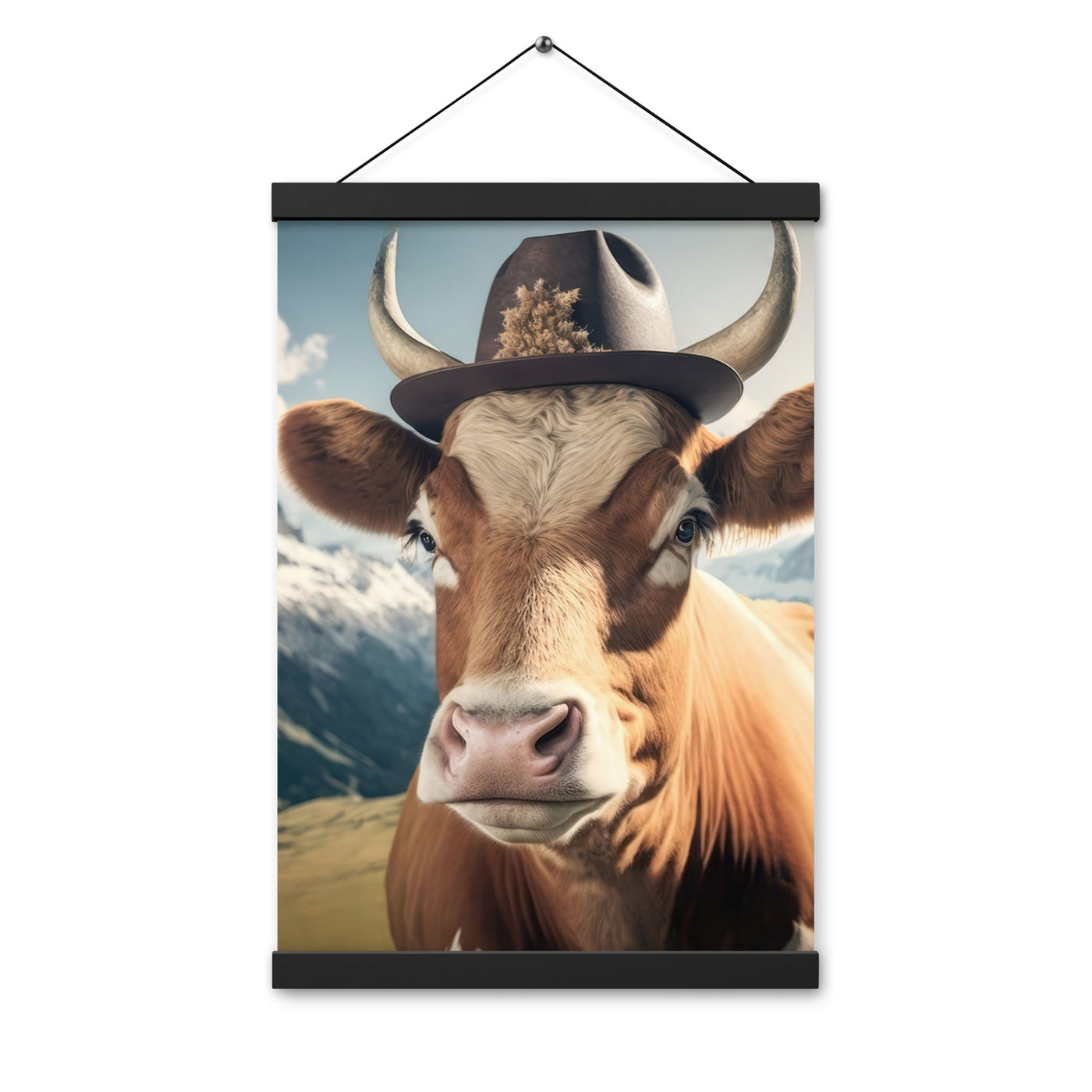 Kuh mit Hut in den Alpen - Berge im Hintergrund - Landschaftsmalerei - Premium Poster mit Aufhängung berge xxx Black 30.5 x 45.7 cm