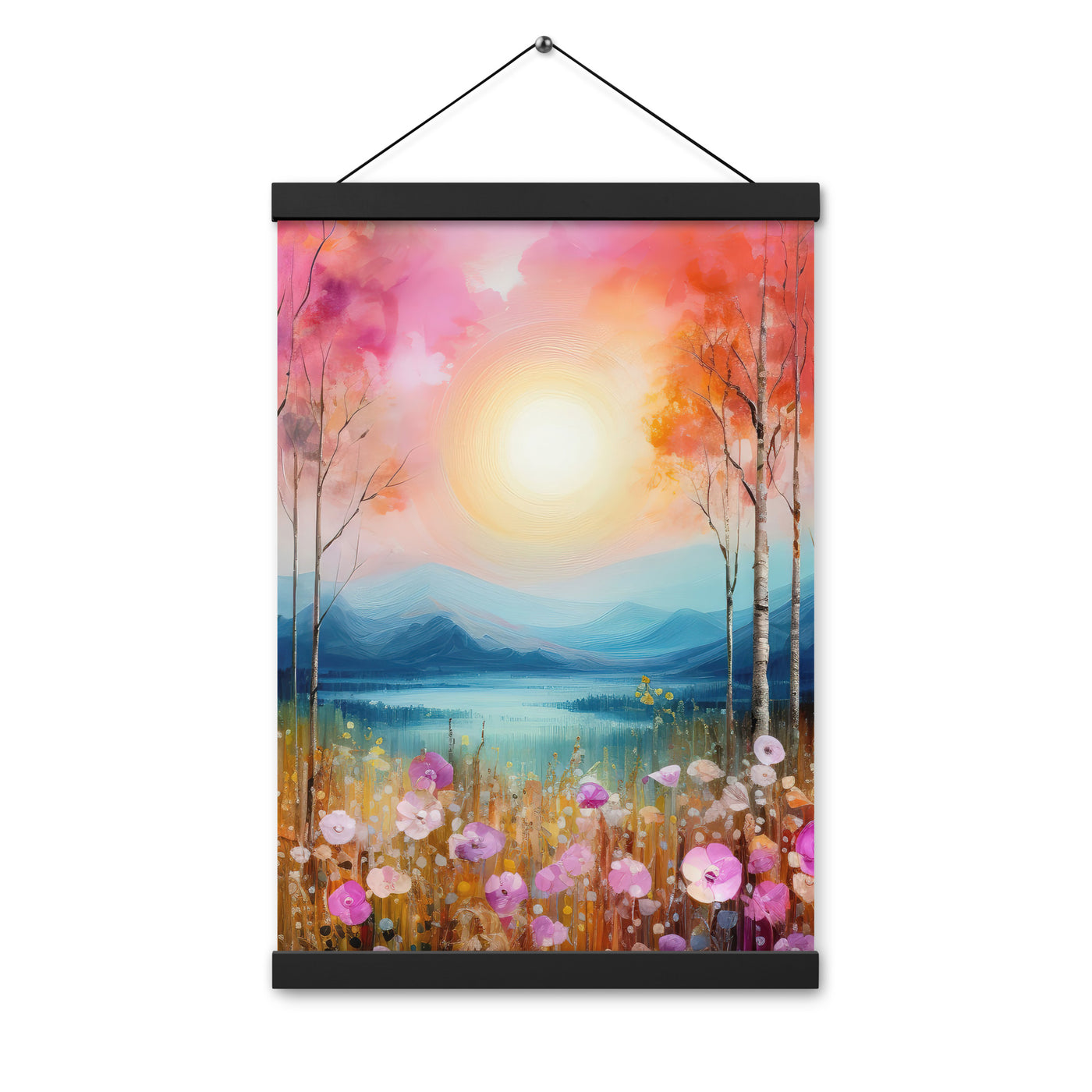 Berge, See, pinke Bäume und Blumen - Malerei - Premium Poster mit Aufhängung berge xxx 30.5 x 45.7 cm