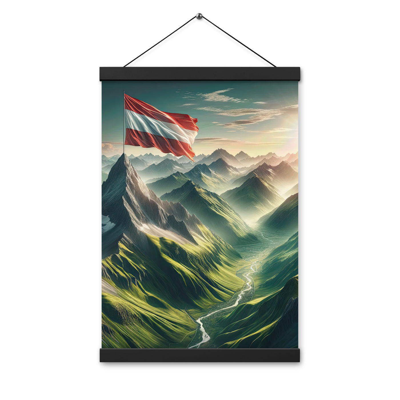 Alpen Gebirge: Fotorealistische Bergfläche mit Österreichischer Flagge - Premium Poster mit Aufhängung berge xxx yyy zzz 30.5 x 45.7 cm