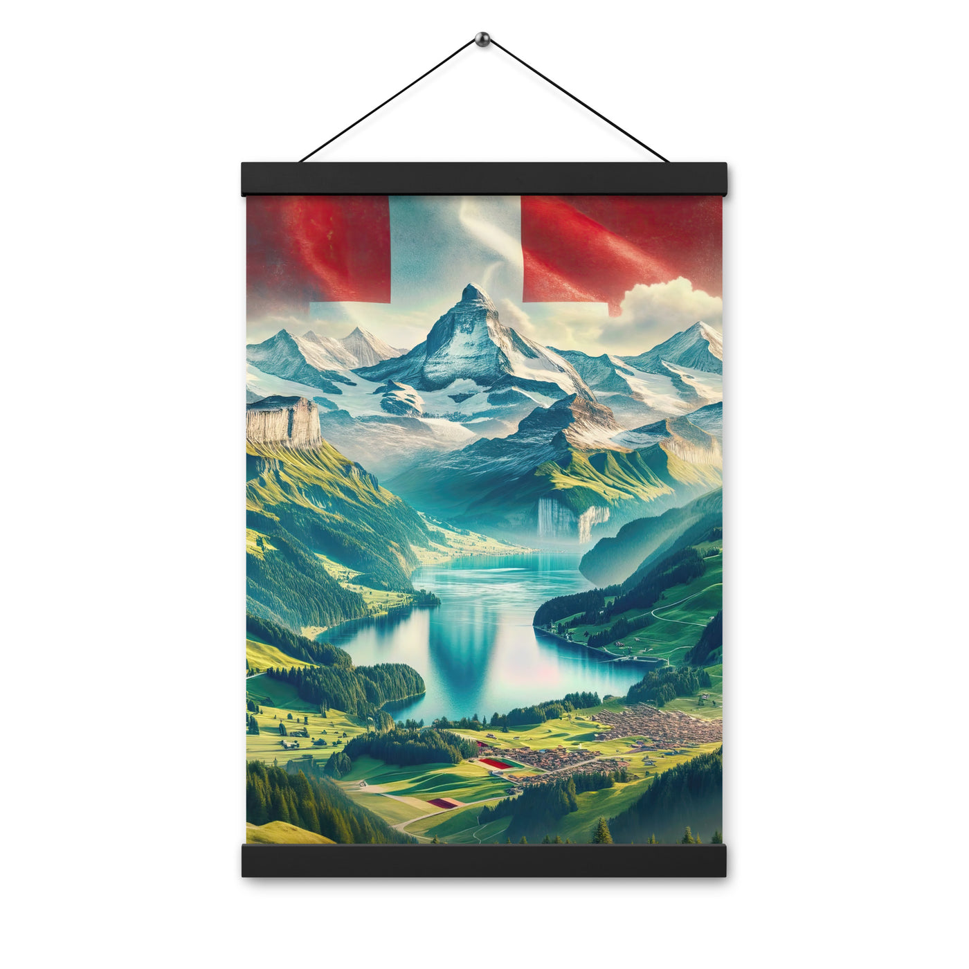 Berg Panorama: Schneeberge und Täler mit Schweizer Flagge - Premium Poster mit Aufhängung berge xxx yyy zzz 30.5 x 45.7 cm