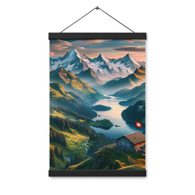 Schweizer Flagge, Alpenidylle: Dämmerlicht, epische Berge und stille Gewässer - Premium Poster mit Aufhängung berge xxx yyy zzz 30.5 x 45.7 cm