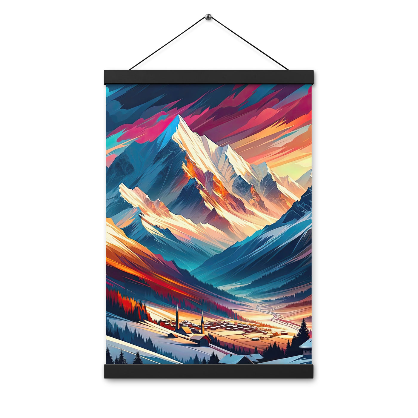 Moderne geometrische Alpen Kunst: Warmer Sonnenuntergangs Schein auf Schneegipfeln - Premium Poster mit Aufhängung berge xxx yyy zzz 30.5 x 45.7 cm