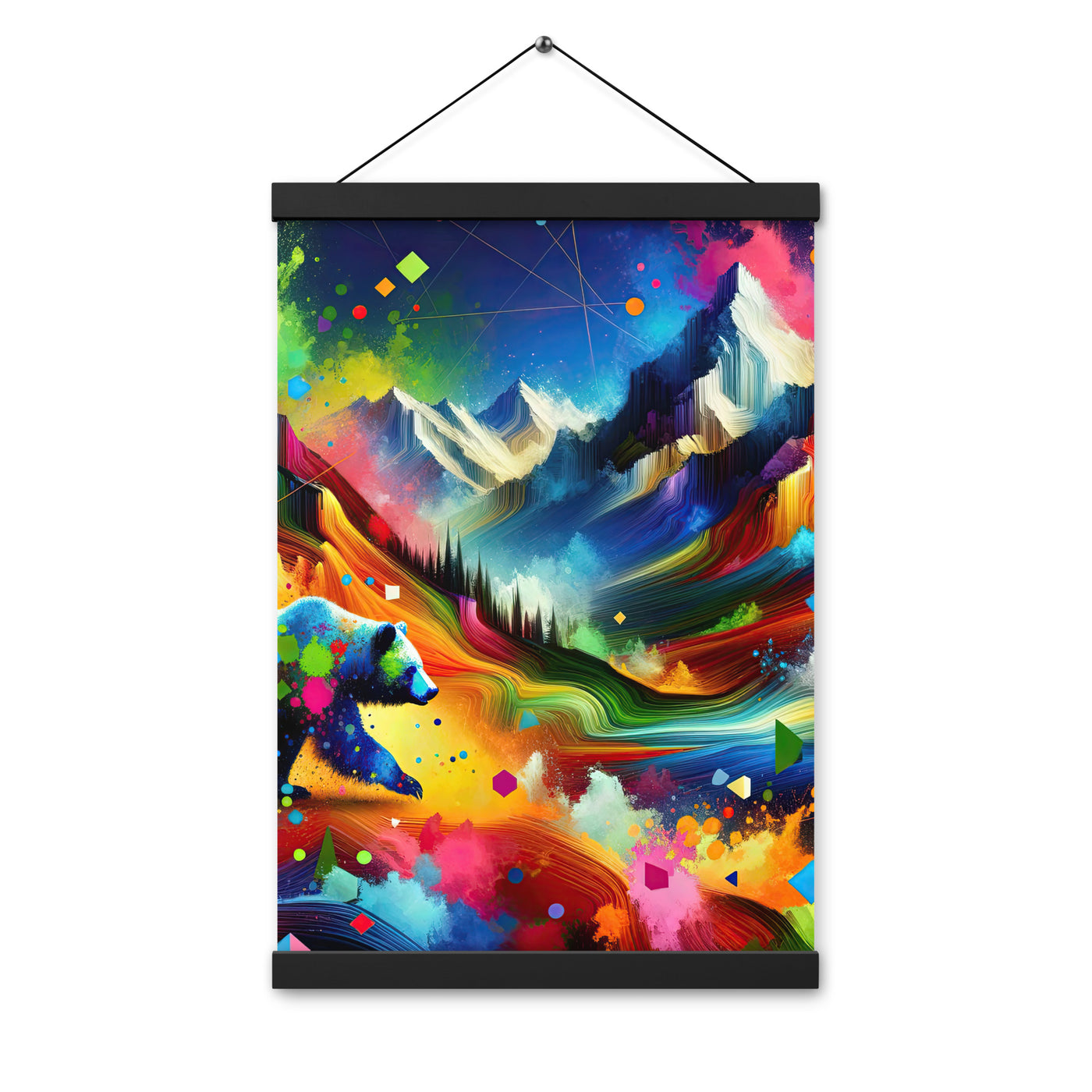 Neonfarbener Alpen Bär in abstrakten geometrischen Formen - Premium Poster mit Aufhängung camping xxx yyy zzz 30.5 x 45.7 cm